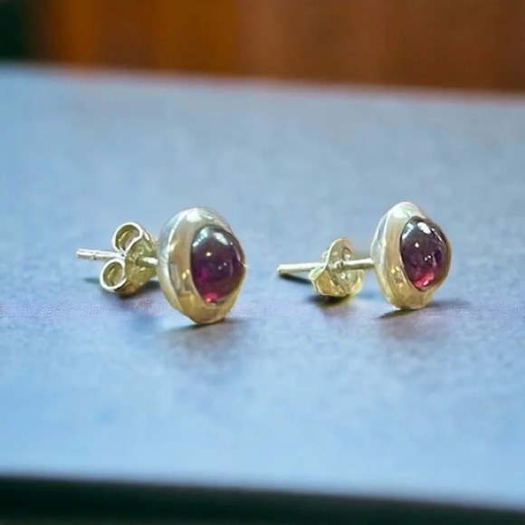 Magenta Garnet Cabochon Sterling Silver Post Earrings - Picture 3 of 6